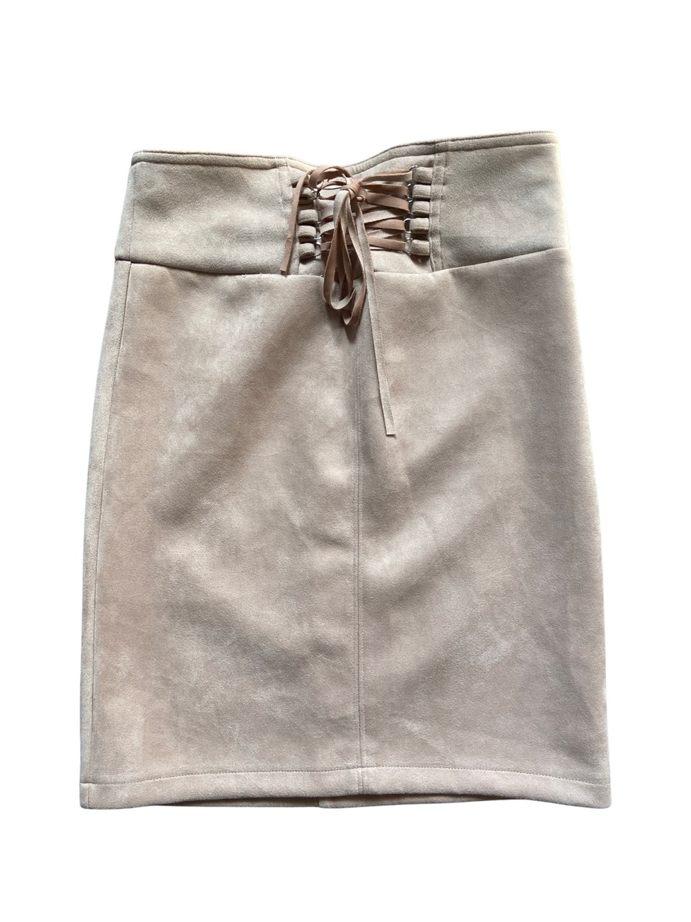 Light Pink Neutral Lace-Up Faux Suede Pencil Skirt